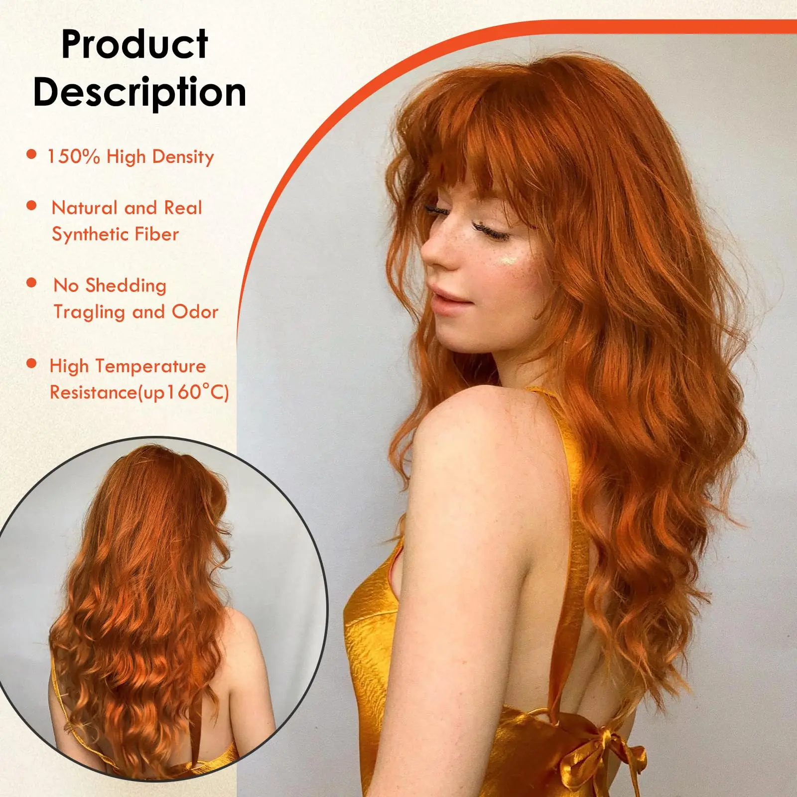 Orange 26-inch Synthetic Wig with Big Waves for Halloween Cosplay, Daily Costume, Holiday Wig, High-Temperature Hair Accessory