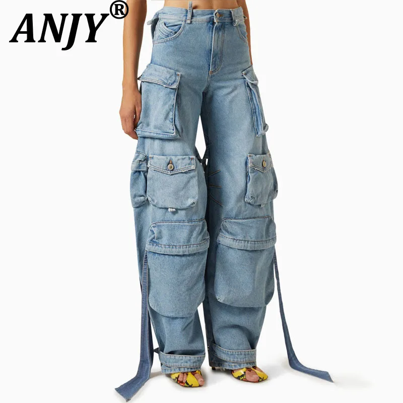 

ANJY Autumn New Women Chic Cargo Jeans Multi-Pocket Washed Denim Casual Versatile Safari Style Streetwear Trendy Ins Pants A9849