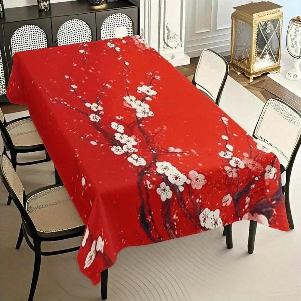 1pc Chinese New Year tablecloth - Red and golden cherry blossom pattern with black branches (yzb)