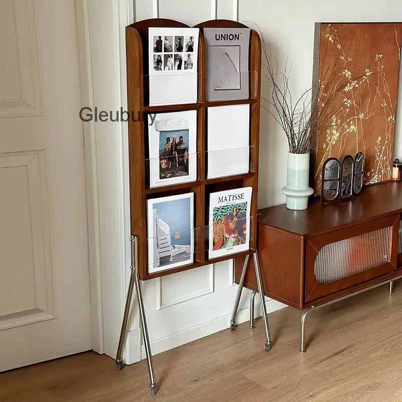 Vintage Wooden Magazine Rack With Metal Legs Floor Standing Book Display Rack Literature Storage Holder For Living Room