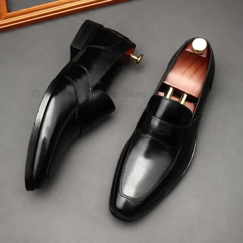 HKDQ Autumn Handmade Genuine Cow Leather Black/Red Slip-On Dress Italian Wedding Men Formal Business Work Office Oxford Shoe