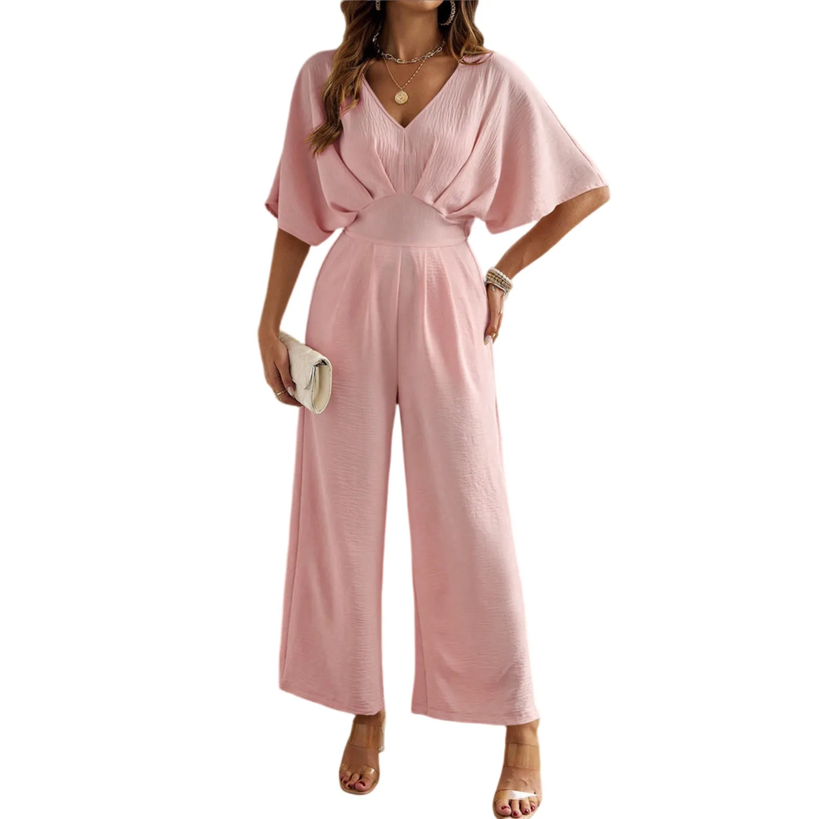 

One Piece Jumpsuits for Women Casual Summer V Neck Batwing Sleeve Wide Leg Elegant Overall Sexy Vacation Outfit Women's Jumpsuit