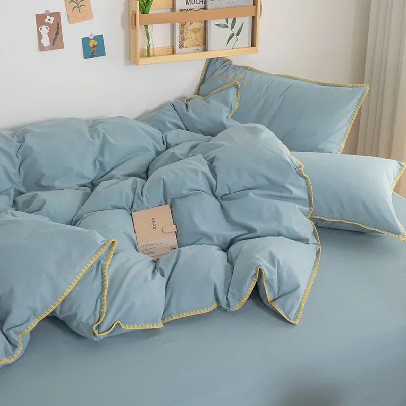 150/180/200CM Blue Solid Color Water Wash Cotton Bed Sheet Duvet Cover Pillowcase Four-piece Spring Autumn Bedding Set M063-1