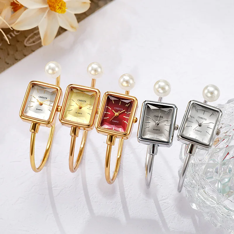 Exquisite Thin Open Bracelet Quartz Watches Pearl Strap Gold Watch for Women Square Dial Ladies' Watch Fashion Wristwatch Gifts