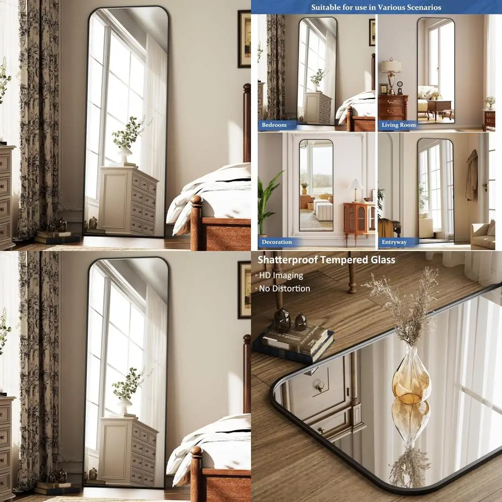 Miroir sur pied arqué, grand miroir complet 65x24 avec cadre en aluminium pour la maison, noir