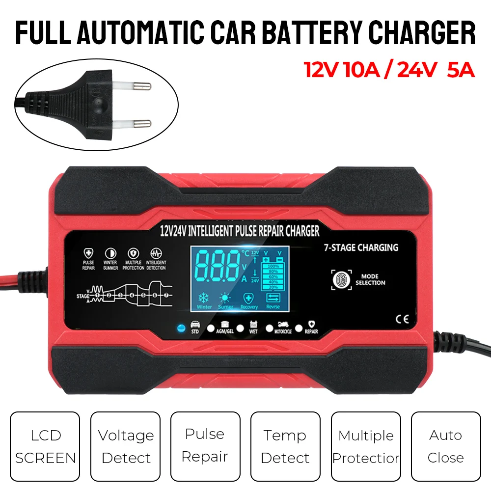 W pełni automatyczny ładowarka samochodowa 12V 10A / 24V 5A do naprawy impulsów na mokro i na sucho akumulator kwasowo-ołowiowy cyfrowa ładowarka