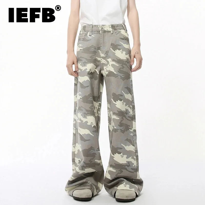 Iefb calças jeans masculinas de rua alta camuflagem casaul fundo reto simples perna larga calças soltas primavera elegante 2025 9c354