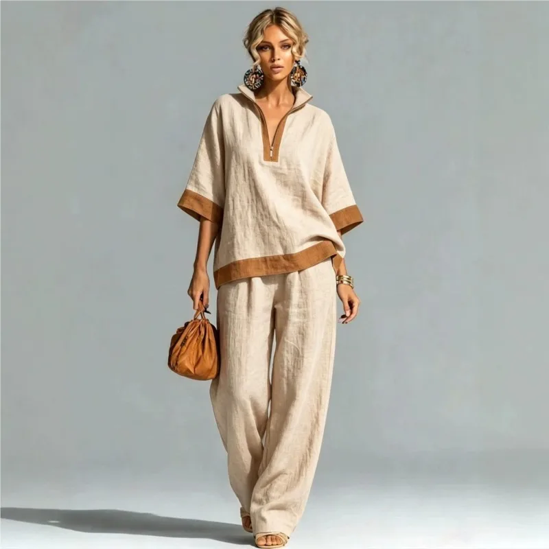 

Women New Vintage Loose Two Piece Set Summer Sexy Half Zip Top+Wide Leg Pants Casual Elegant Color Blocking Holiday Party Sets