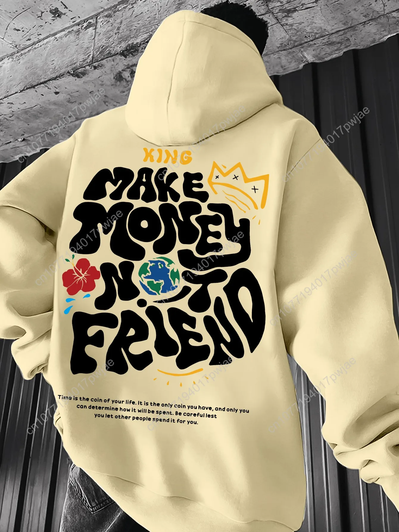 Felpa casual con cappuccio da uomo - Stampa geometrica nera con grafica e design a corona Bold "MAKE MONEY NOT FRIEND", vestibilità regolare Spr