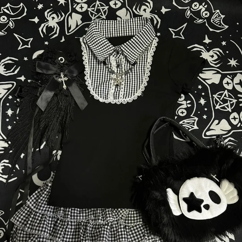 

Gothic Y2k Lolita Style T-Shirts Women Japanese Vintage Lace Black White Plaid Patchwork Tees Summer Sweet Cute Short Sleeve Top