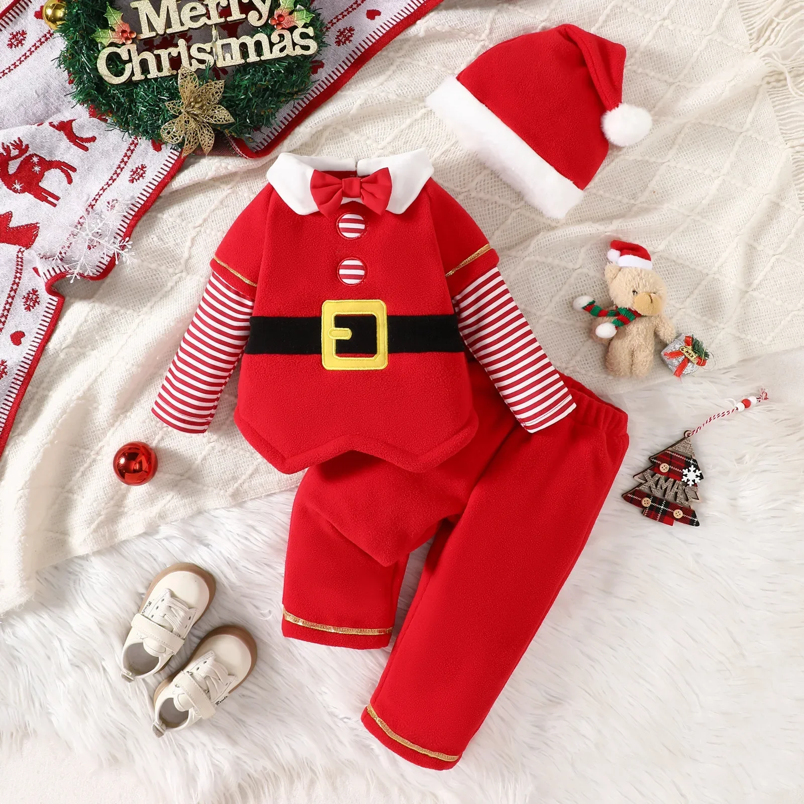 

0-4Y Baby Girl Boy Christmas Santa Costume 3Pcs Sets Baby Newborn Items Cotton Striped Patchwork Long Sleeve Pants Outfit Hat
