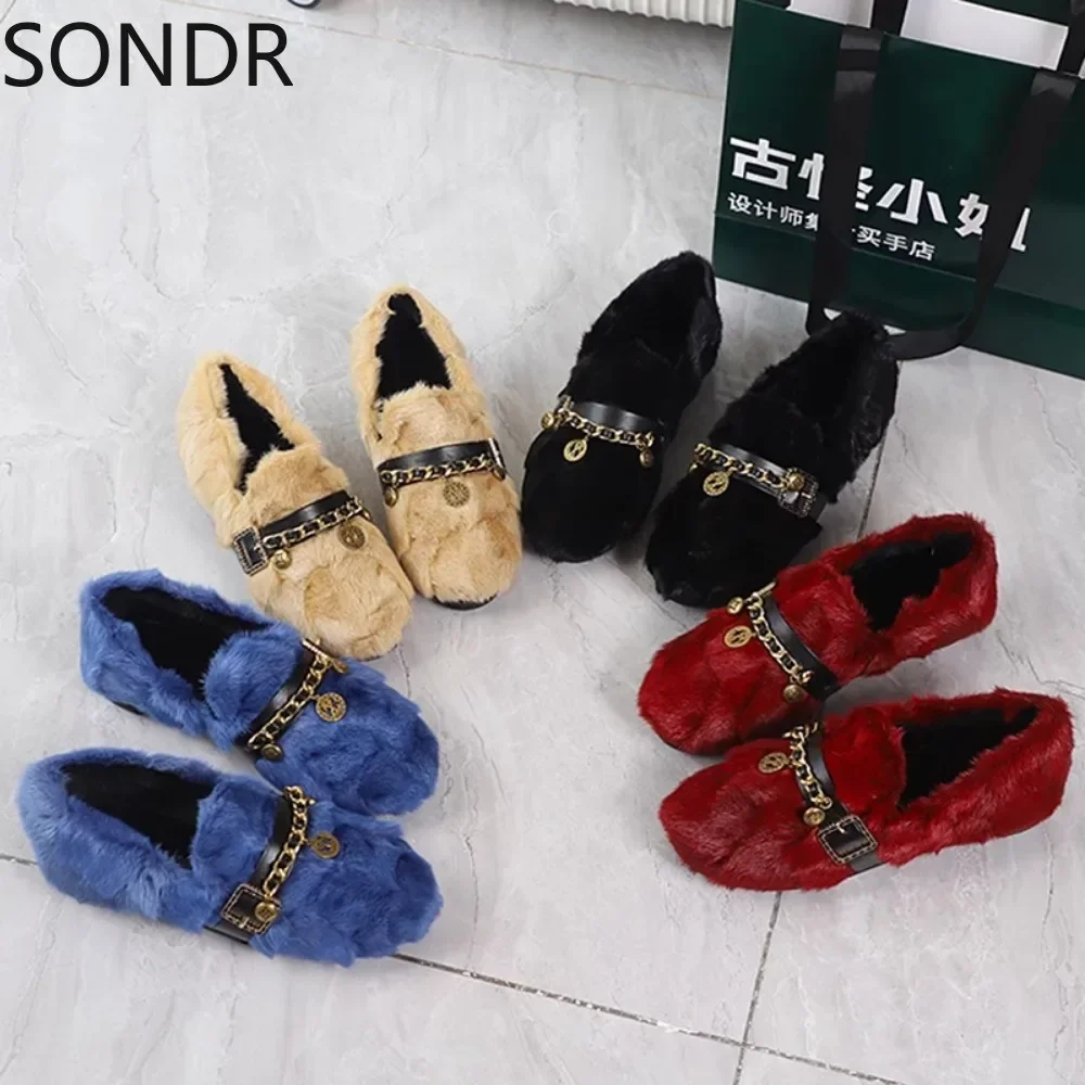 Womens Real Mink Fur Loafers Metal Belt Buckle Furry Rainbow Colors Flats Shoes Round Toe Flats 4Colors  New 2024