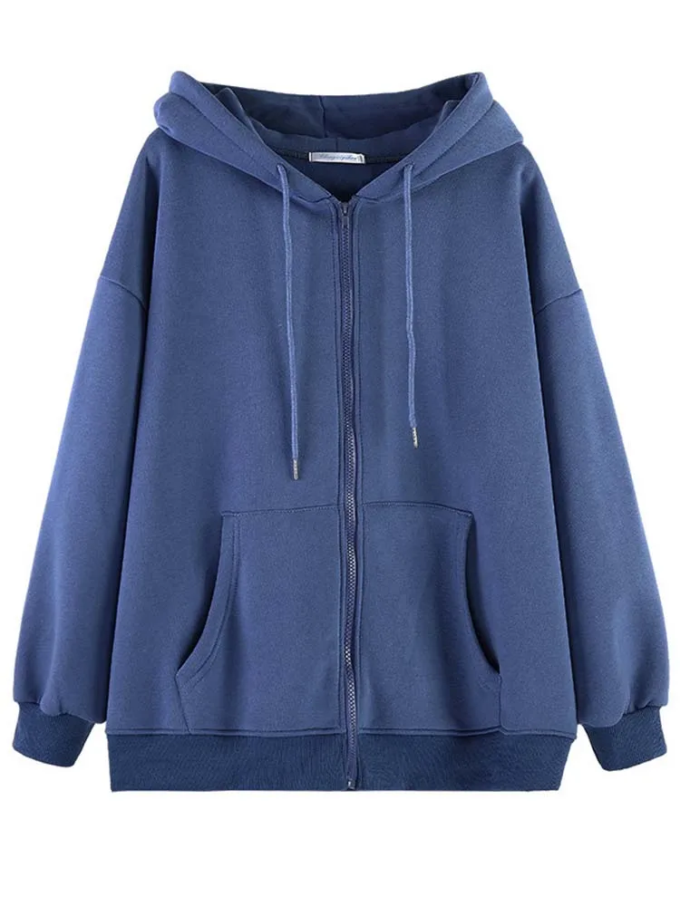 Women Hoodies Harajuku Korean Version Loose Sweatshirts Vintage Solid Color Long Sleeve Hooded Sweatshirt Zipper Coats