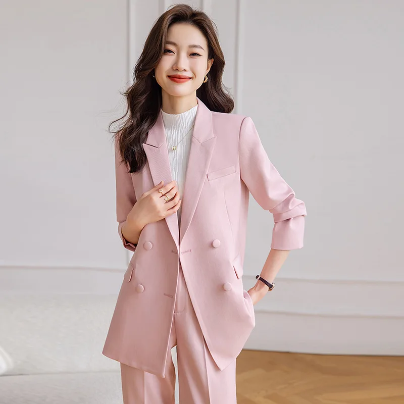 

Elegant Pink Formal Women Business Suits with Pants and Jackets Coat Office Ladies Blazers Femininos Autumn Winter Trousers Set