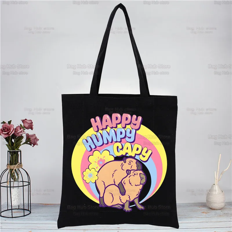 Funny Animals Capybara Cartoon Cute Women's Shopper Bag Canvas Tote Shoulder Bags Shopping Bag Black Cloth Handbags Eco Friendly