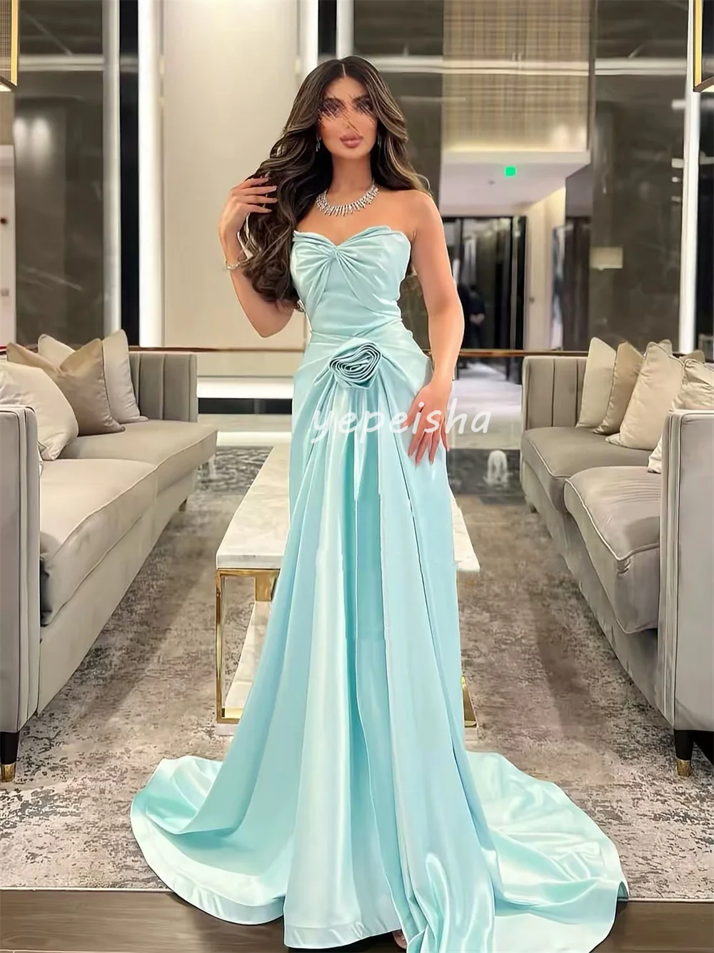 ชุดเดรสยาวทรงเอไลน์แบบไร้สาย แต่งระบายจีบดอกไม้แฮนด์เมด ดีไซน์เฉพาะตัว สำหรับโอกาสพิเศษ คุณภาพสูง