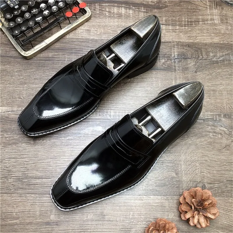 HNXC Genuine Leather Men Dress Shoes Office Wedding Blue Black Luxury Formal Loafers Man Slip On Patent Leather Oxford Man Shoes