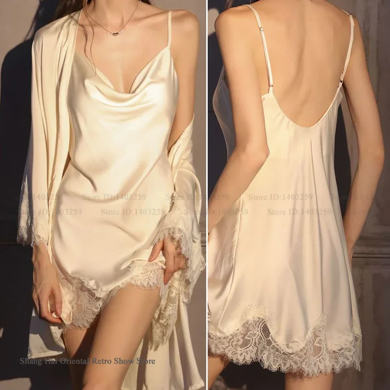 Set di vestaglia Twinset sexy per donna Primavera Estate Nuovi indumenti da notte in seta di ghiaccio Abito da casa Patchwork Lingerie di pizzo Camicia da notte Pigiama