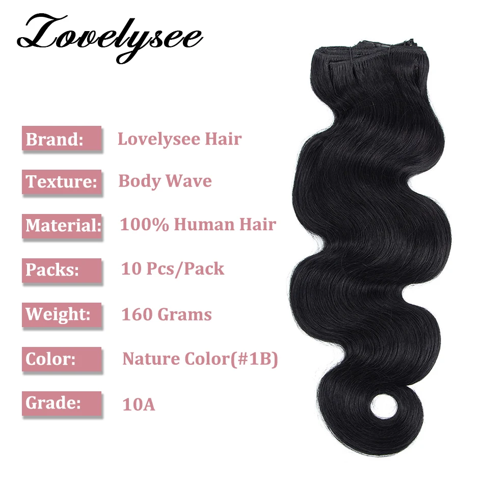 Extensions de cheveux brésiliens Body Wave à clipser pour femmes, 100% cheveux Remy, 160 grammes, 10 pièces