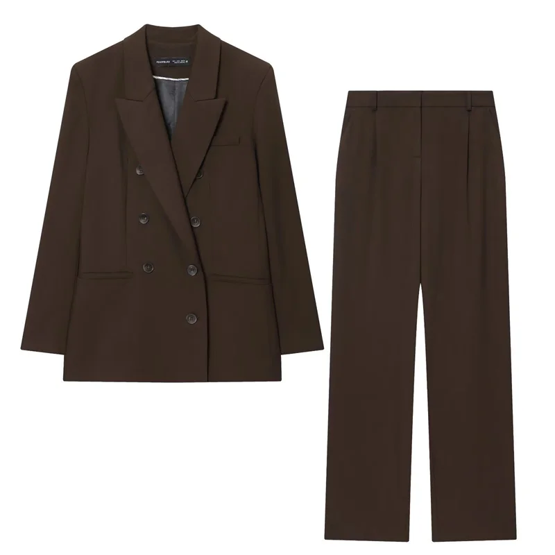 

2025 Fall New Women's Fashion, stylish and minimalist, padded shoulder double-breasted blazer and pleated long pants set.