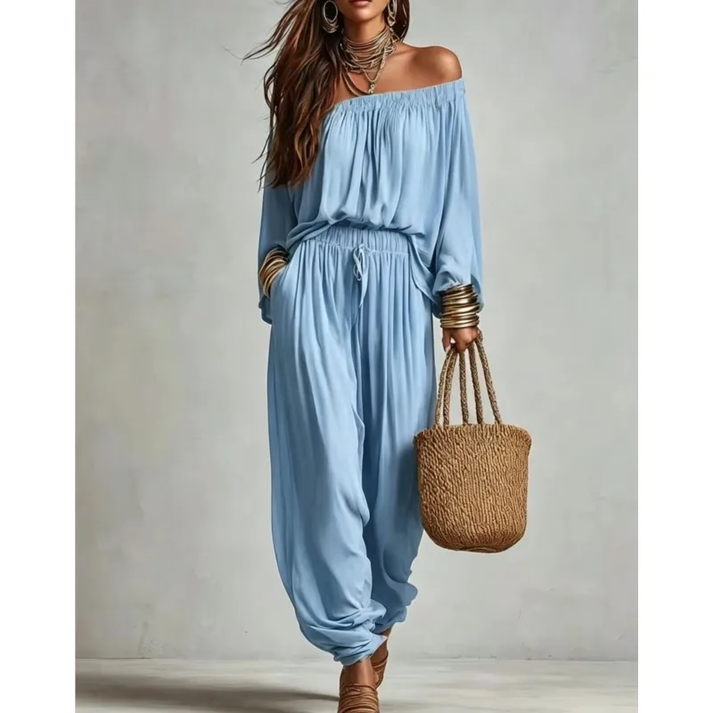 Sexy One Neck Top And Harem Pants Two-piece Set Women's Spring Autumn Casual Solid Suit With Pockets Ladies Fashion Streetwear