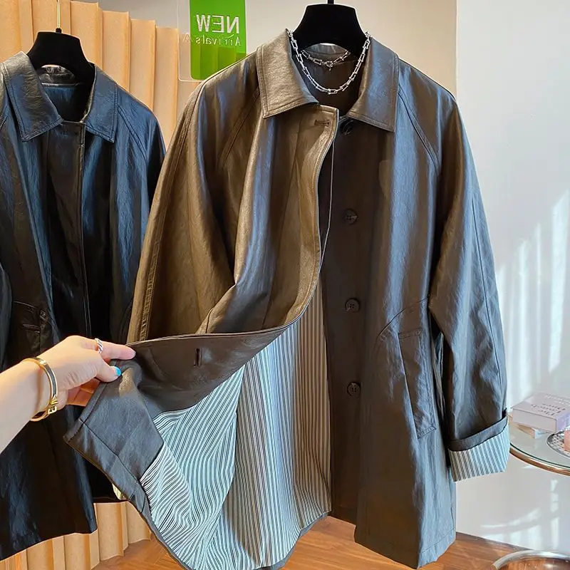 メイラードコーヒーカラーのミドル丈レザージャケット レディース 春秋 2025 ファッション ハイエンド ワイド＆ルーズ ウィンドブレーカー