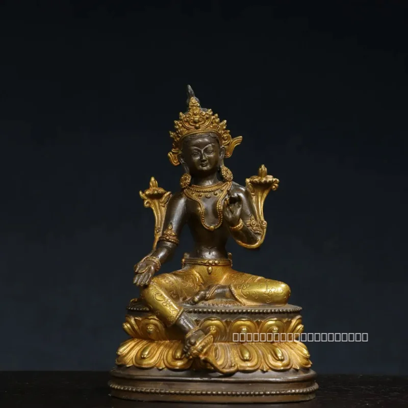 

21cm Nepalese Tibetan Brass Gilded Green Tara Bodhisattva Sitting Statue Ornament