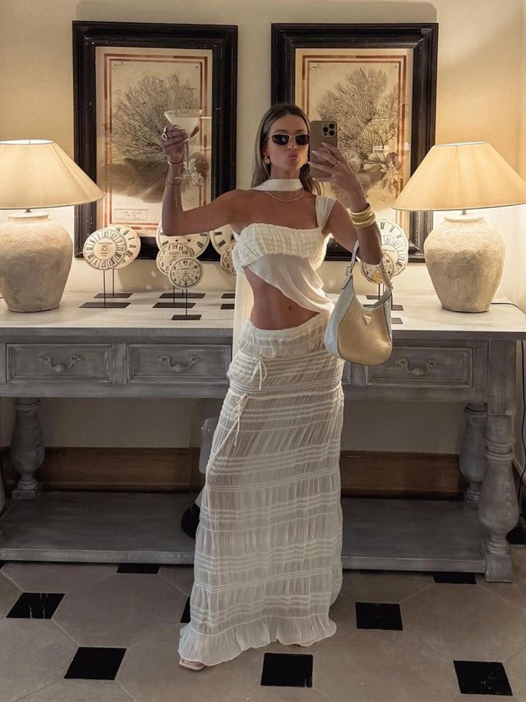 Weird Puss See Through 2-Piece Set Scarf Strapless Top Mesh Irregular Hem+Multi-Pleated Skirt Beach Party Matching Pretty Suits