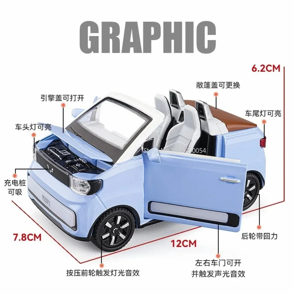 WuLing-MINI EV Convertible Edition, modelos de coches de simulación fundidos a presión, luz de sonido, vehículos extraíbles, colección de regalos para niños, 1/24