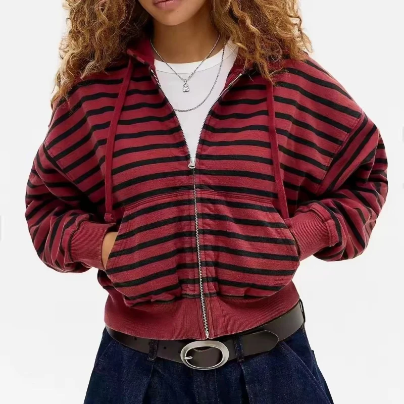Immagine 3: Felpa con cappuccio a righe rosse e nere, stile vintage, con zip intera, da donna e da uomo, estetica Y2K, giacca corta e ampia con cappuccio, streetwear, felpa a maniche lunghe.
