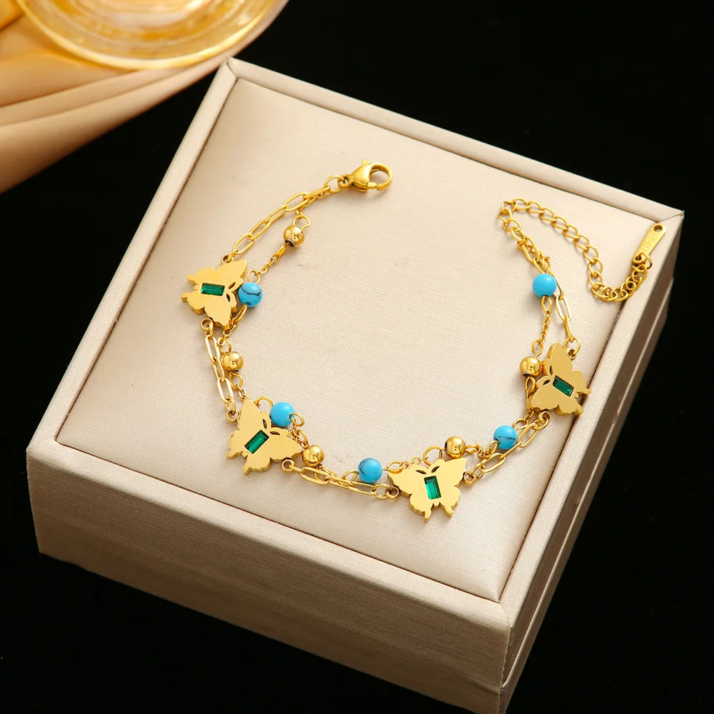 Синий бирюзовый аксессуар-бабочка, браслет в пляжном стиле, двухслойная цепочка из нержавеющей стали с европейской и американской модой