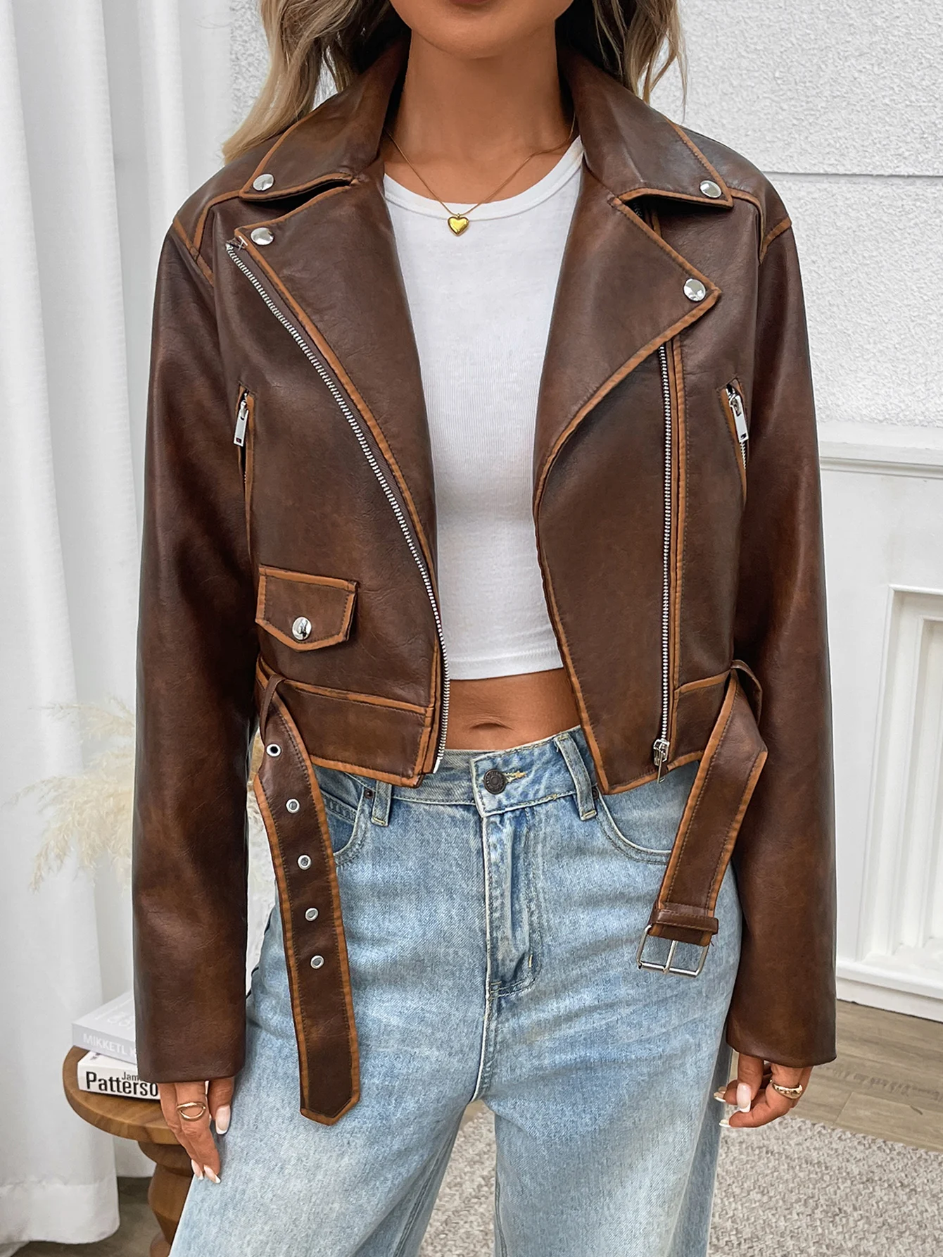 Fitaylor Spring Autumn Women Faux PU Leather Jacket Vintage Lapel Zipper Jacket High Street Motorcycle Jacket