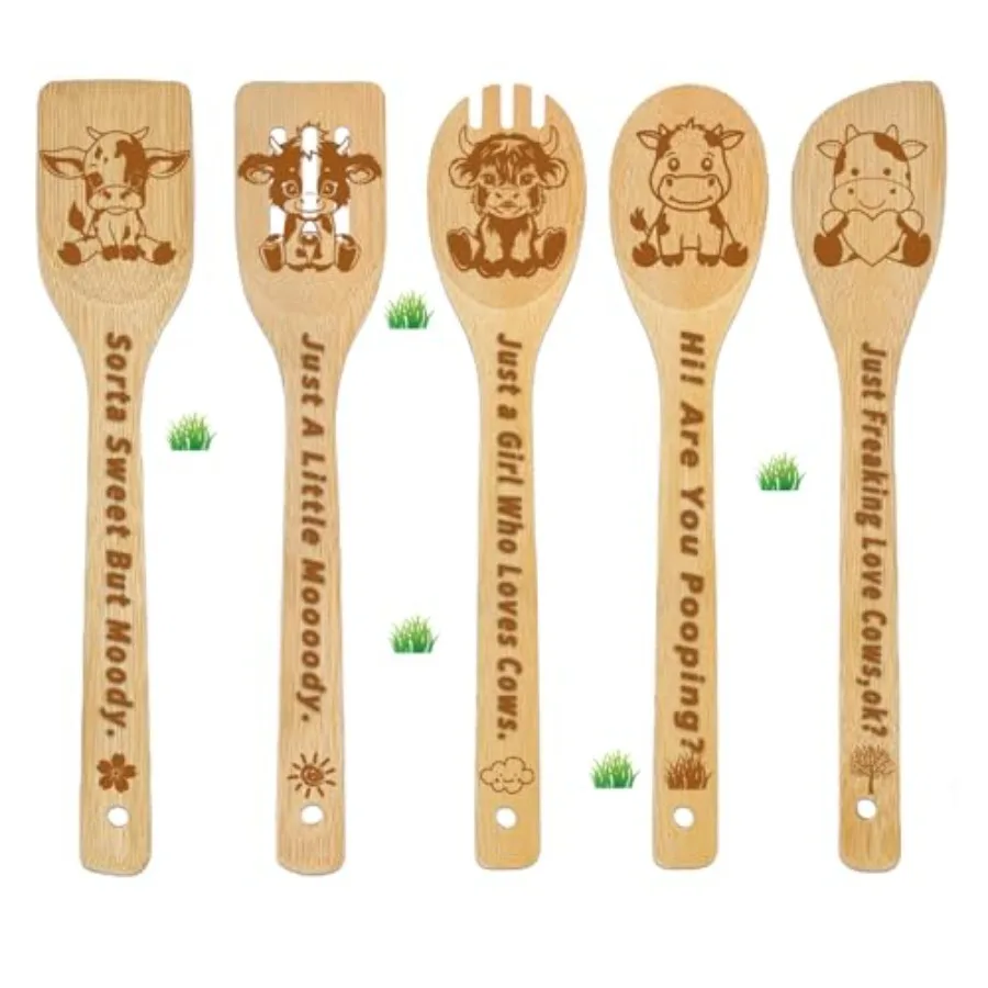 

CHACROC Cow Wooden Cng Spoons 5Pcs Highland Cow Gts for Women Cow Kitchen Decor for Cow Lovers Bamboo Wooden Spoons for Cng Cow