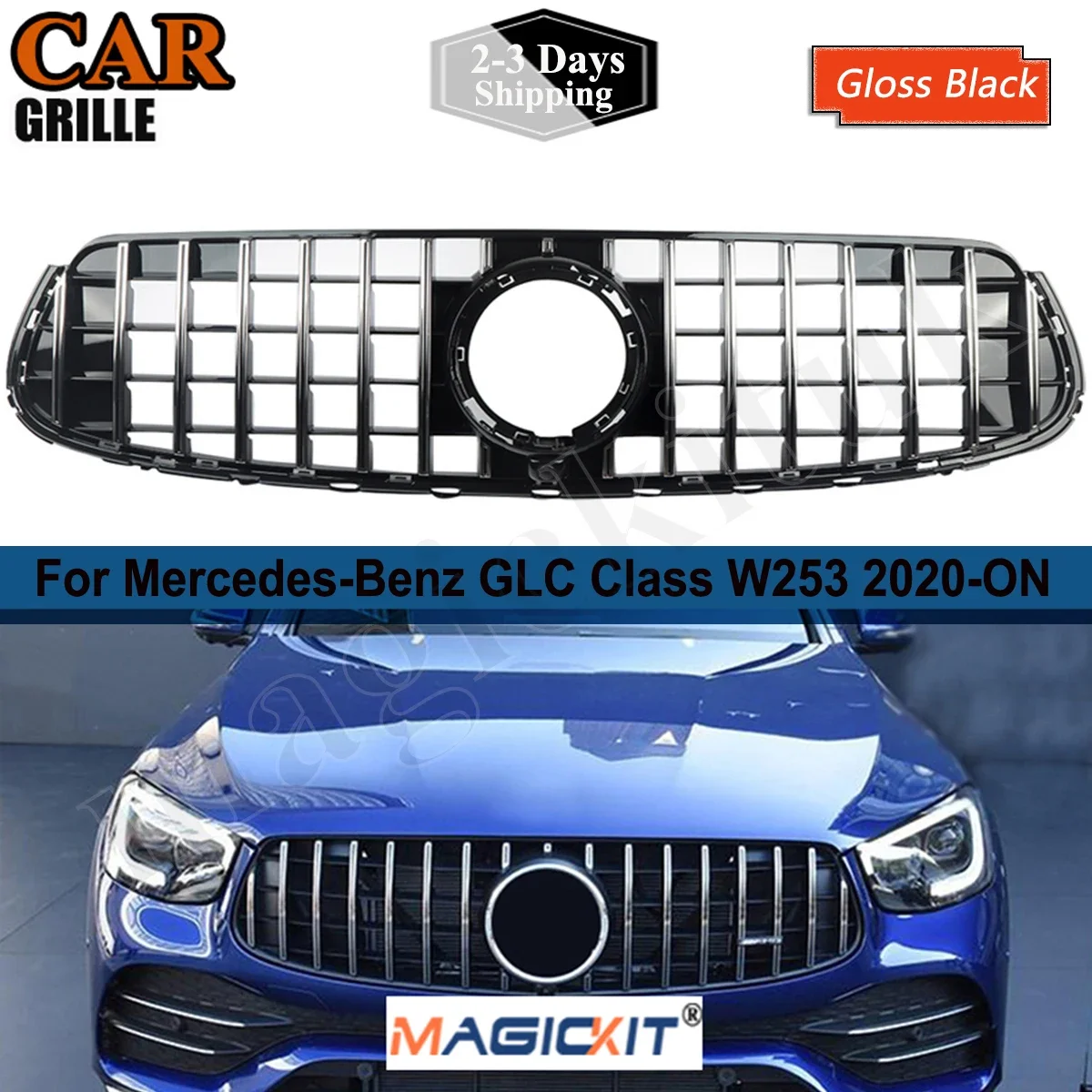 MagicKit Chrome Black GT Grill For Mercedes Benz GLC W253/X253 GLC300 GLC350 GLC43 2020+ FronT Bumper Silver Grille