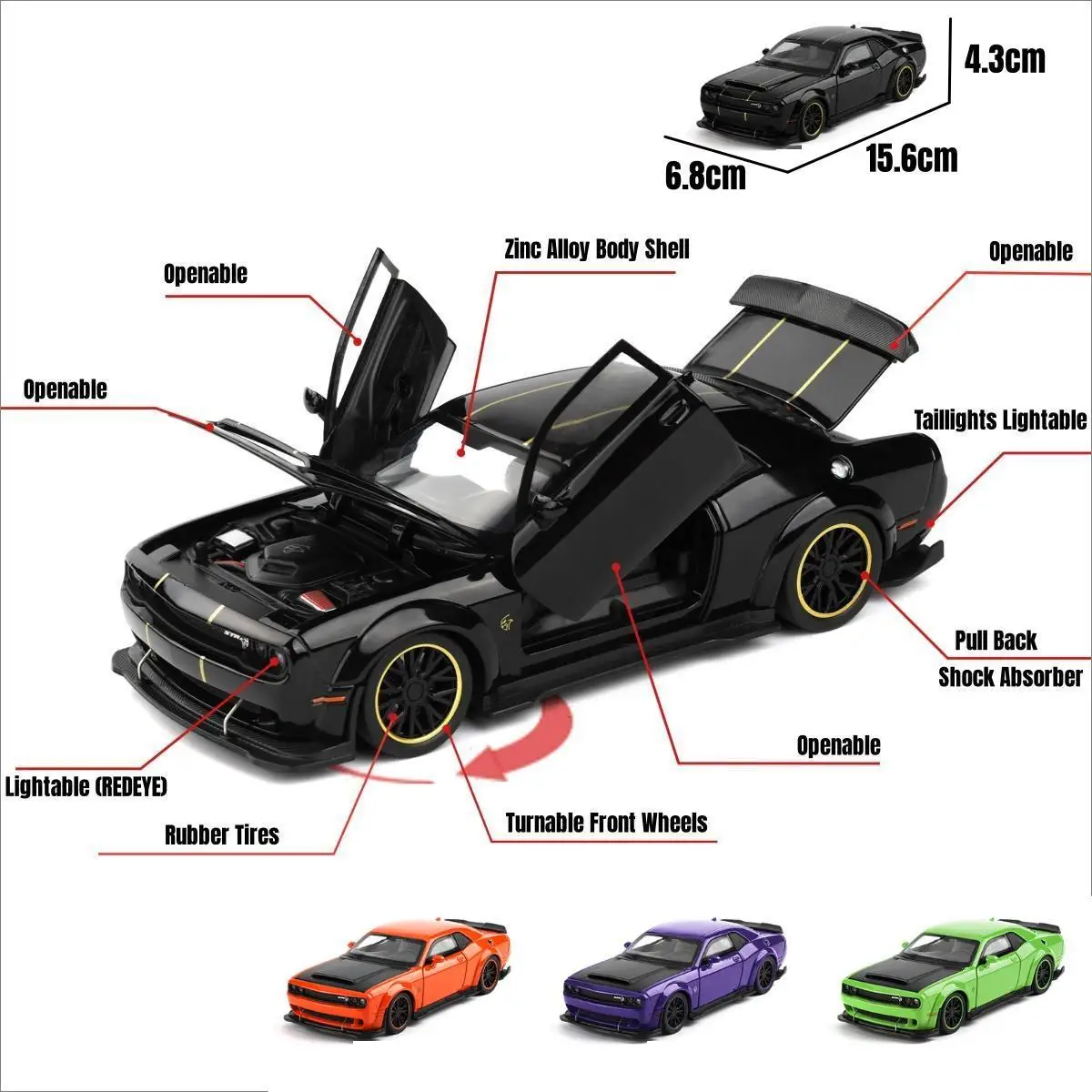 1:32 Dodge Challenger SRT Hellcat Toy Car For Children Super Sport Model Diecast Vehicle Miniature Sound & Light Collection Gift