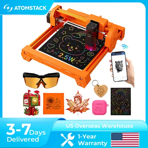 ATOMSTACK Mini 2.5W 3W 5W Laser Engraver Machine Portable Desktop DIY Laser Cutter For Wood Leather Paper Bamboo Cardboard Acrylic Beginner Engraving Machine LightBurn LaserGRBL Compatible High Precision Home Hobby Craft Gift Maker Easy Setup