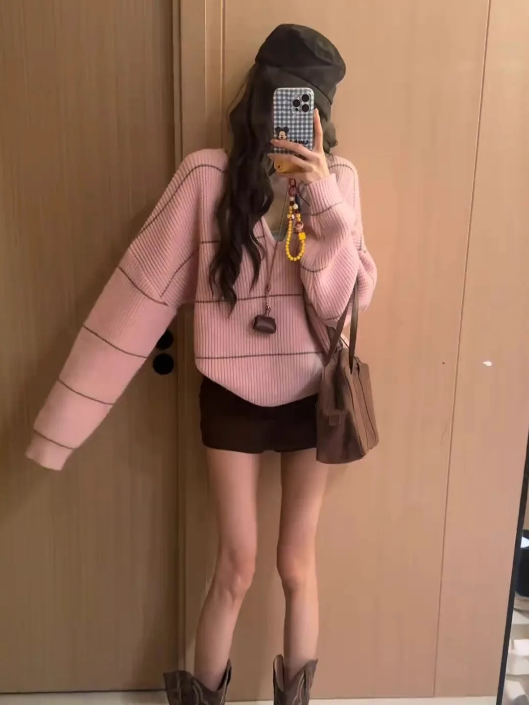 فضفاض طويل Sve V-Ne الوردي متماسكة سترة فريدة من نوعها تصميم مخطط مريح عادية Sle المرأة الخريف الشتاء Faion #3