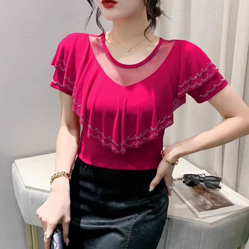 Fashion Summer European Clothes T-Shirt Chic Sexy Ruffles Shiny Diamonds O-Neck Tees Hot Drilling Short Sleeves Elastic Tops