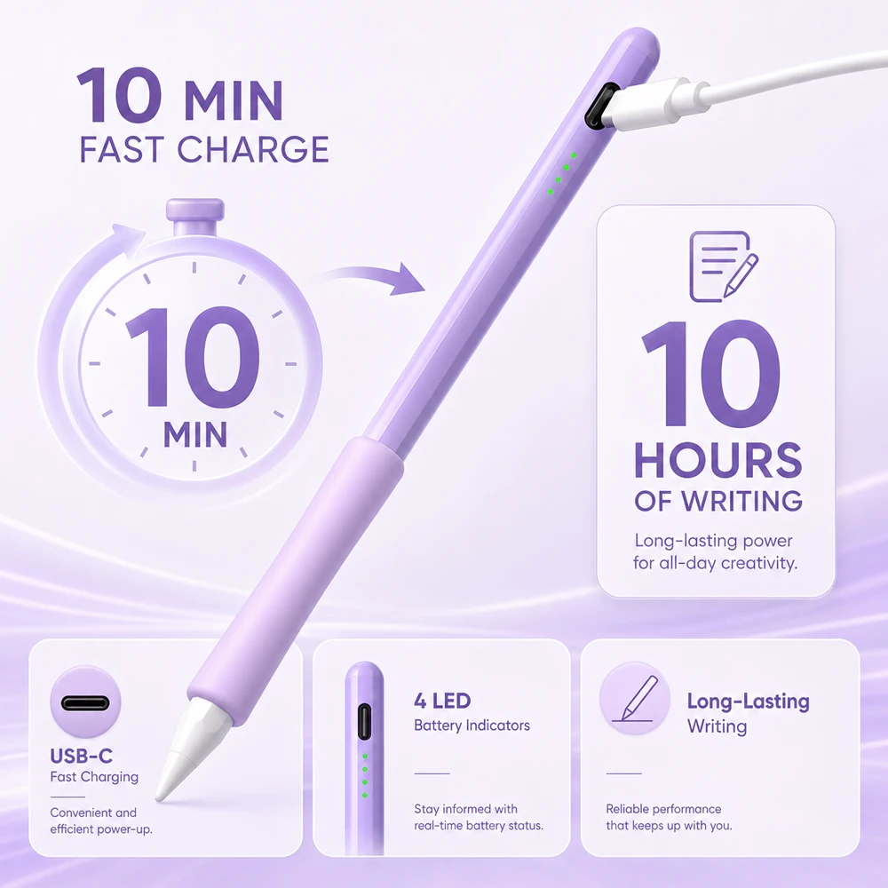 10Min Fast Charge Stylus Pen for iPad 10H Writing Pencil Silicone Grip Palm Rejection Tilt Magnetic LED for Students Drawing Art