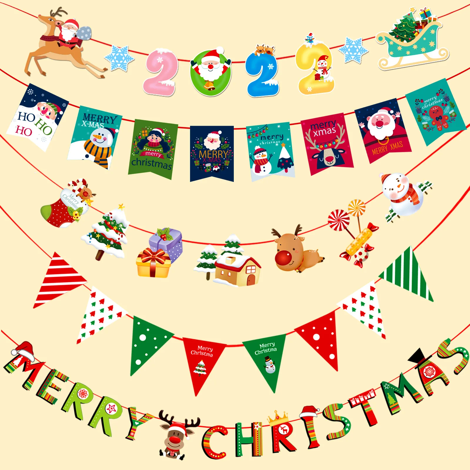 

2025 Christmas Decoration Paper Flag 2.8m Triangle Hanging Banner Alphabet Deer Colored Flag Christmas Scene Decoration Pendant