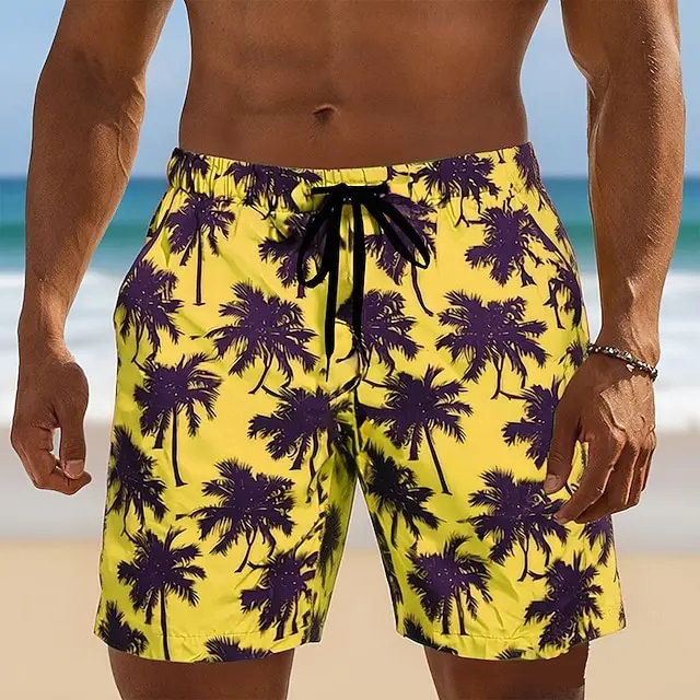 

Мужские пляжные шорты с принтом пальм в желто-фиолетовых тонах, с эластичным поясом на шнурке, летние повседневные гавайские плавки