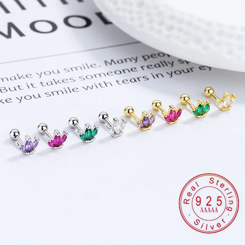 

Real 925 Sterling Silver Marquise CZ Lotus Flower Cartilage Stud Earrings, Screw Back Piercing Earrings, Hypoallergenic Jewelry