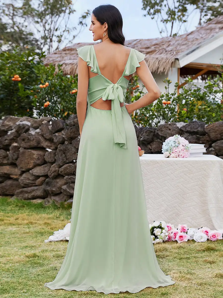 Elegant Evening Dresses U-Neck Bow-Tie Back Ruffle Sleeve High Slit 2024 Ever Pretty of Chiffon Mint Green Bridesmaid Dress