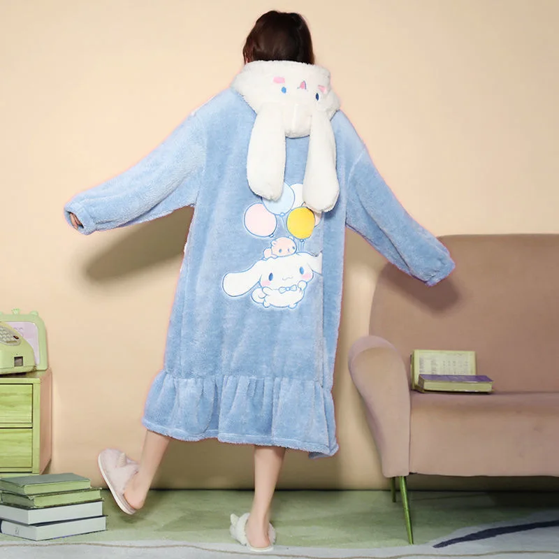 Sanrioed Cinnamoroll Nightgown Anime Cartoon Kuromi My Melody Coral Fleece Kawaii Girl Keep Warm Plus Velvet Long Style Pajamas