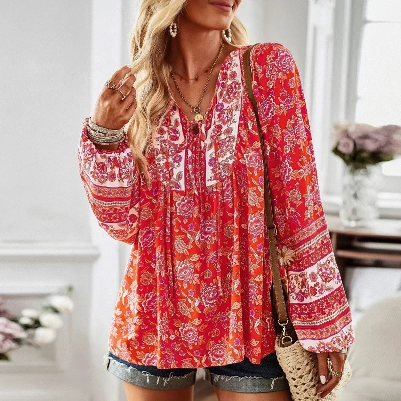 Bohemian Floral Printed Blouse Spring Long Sleeve V Neck Shirt Fashion Holiday Tunic Tops Casual Beach Lace Up Chemise 2024