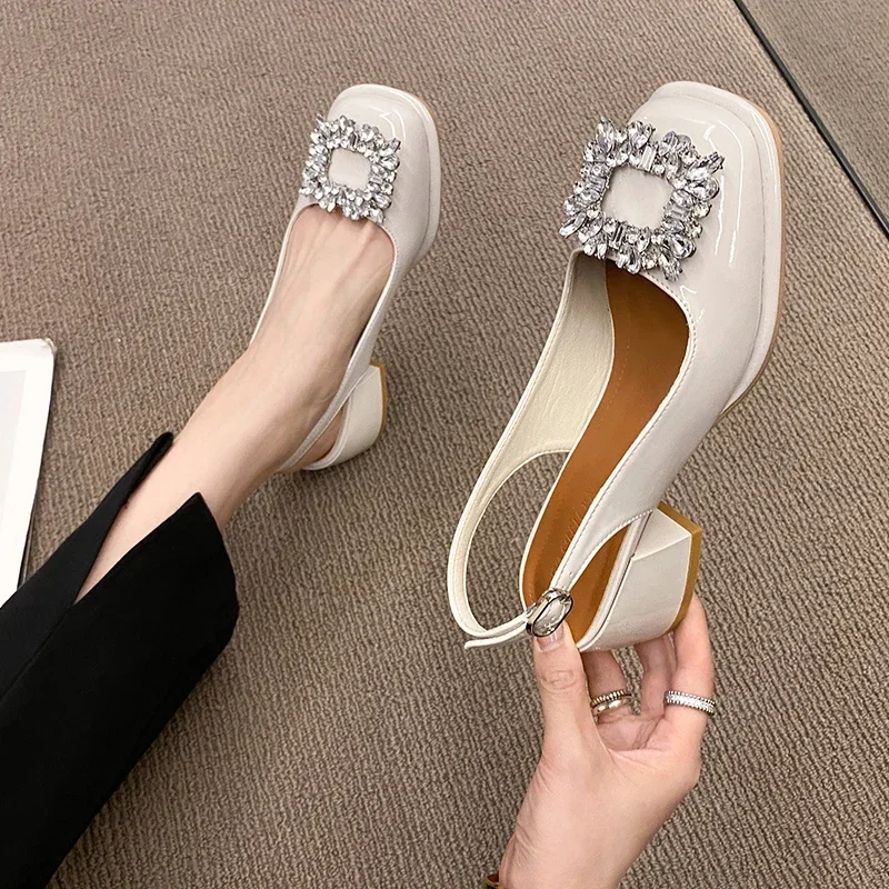 Moda damska Sandały na niskim obcasie Square Toe Crystal Leather Pumps Woman Casual Chunky Heel Romantic Mary Janes Shoes Heels Female