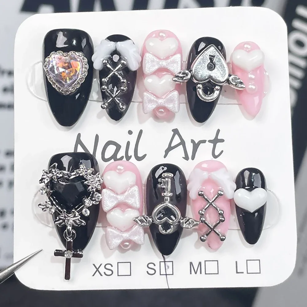 Y2k Spice Girl Handmade Wearable Nail Black Pink Sweet Cool Nail Art Bow LoveDiamond Almond Fake Nails Festivals Gift