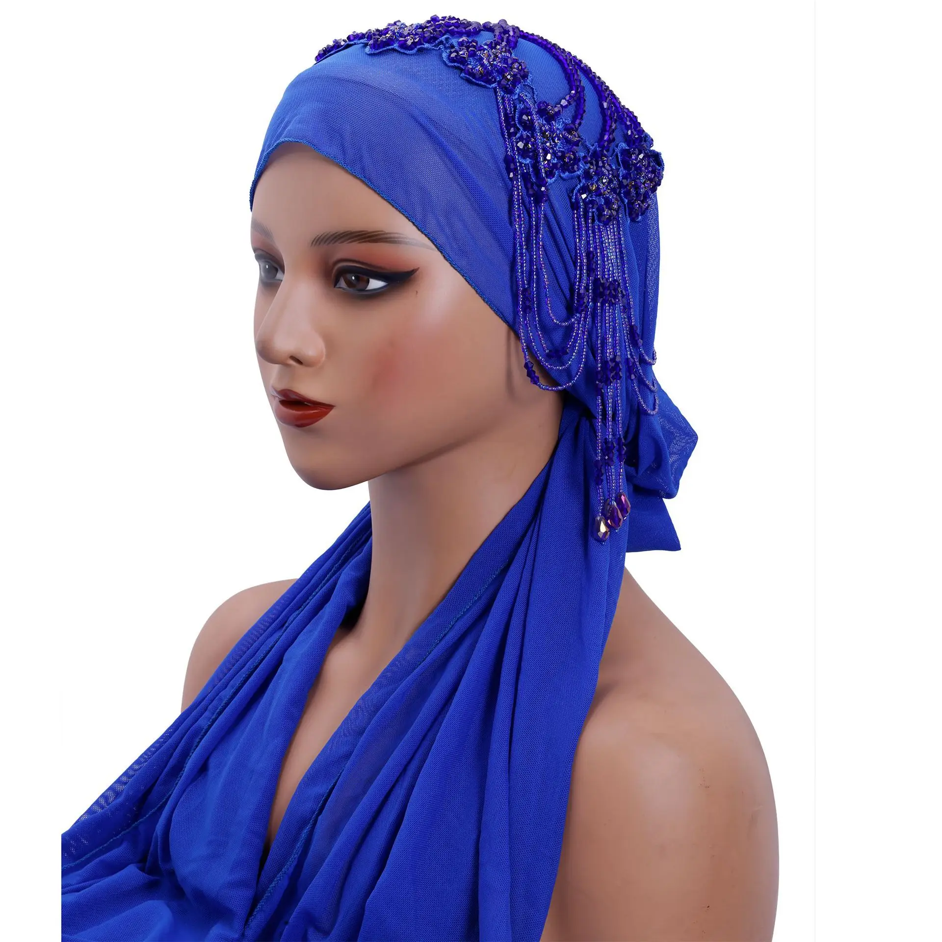 Elegant Women Beading Tassel Flower Turban Amira Shawls Wrap Fashion Headscarf Arabic Scarves Soft Comfortable for Wedding Party