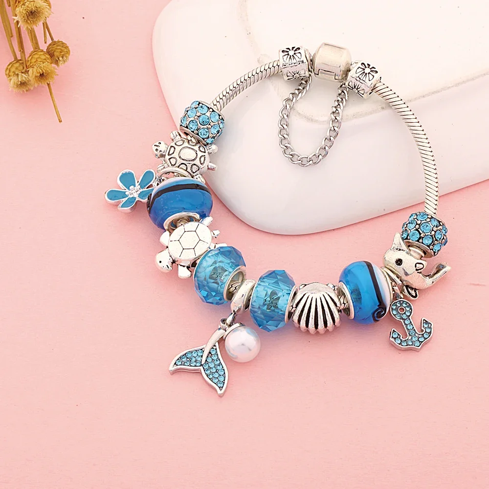 Stylish Blue Crystal Mermaid Flower Turtle Dolphin Charms Bracelet for Women Kids Gift Ocean Series Jewelry