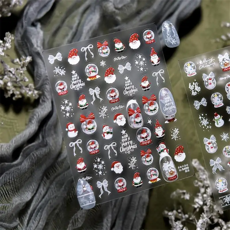 1Pc Cute Santa Claus Snowflake Snowman Christmas Tree Bow Nail Art Print Stickers Sweet Manicure Decals Nail Decor Gift